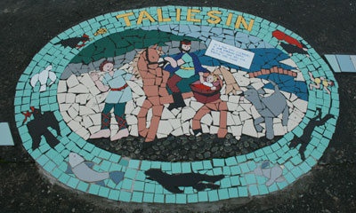 Mosaic by Pod Clare of the myth of the origin of Taliesin, in Borth, Ceredigion, Wales